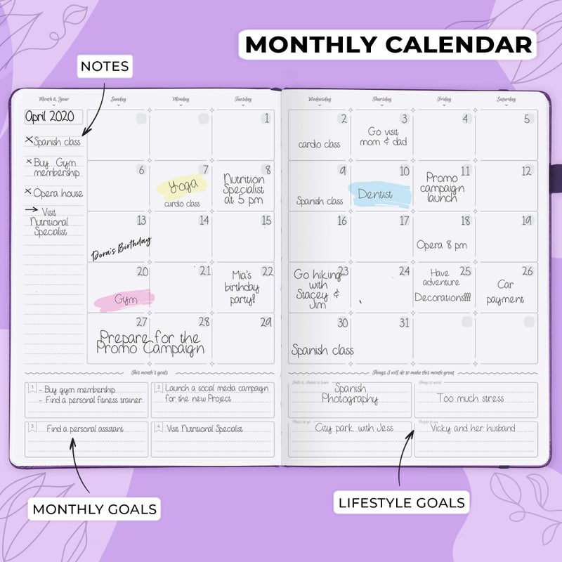 GoGirl Planner PRO Schedule - Undated Planner with Hourly Time Slots, Monthly, Weekly & Daily Organizer, Appointment Book for time Management, 7"x10" Hardcover, Lasts 1 Year - Purple - Image 4